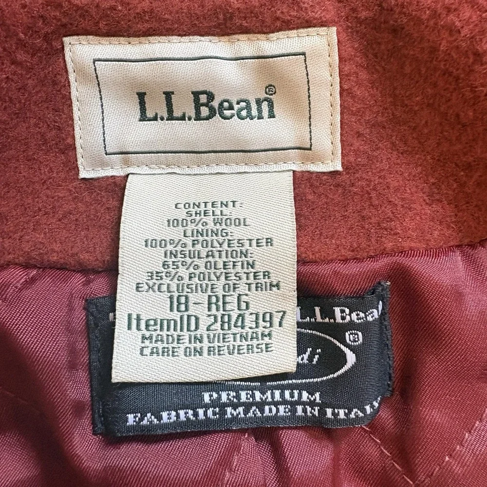 LL Bean Bellandi Italy Lambswool Duffle Coat Insulated Hickory Toggle SZ 18 Reg